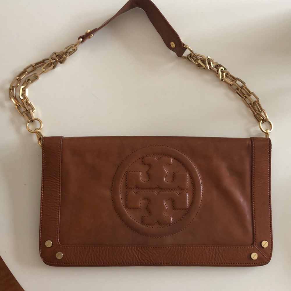 Bombe Reva Logo Gold Chain Tan Leather Clutch